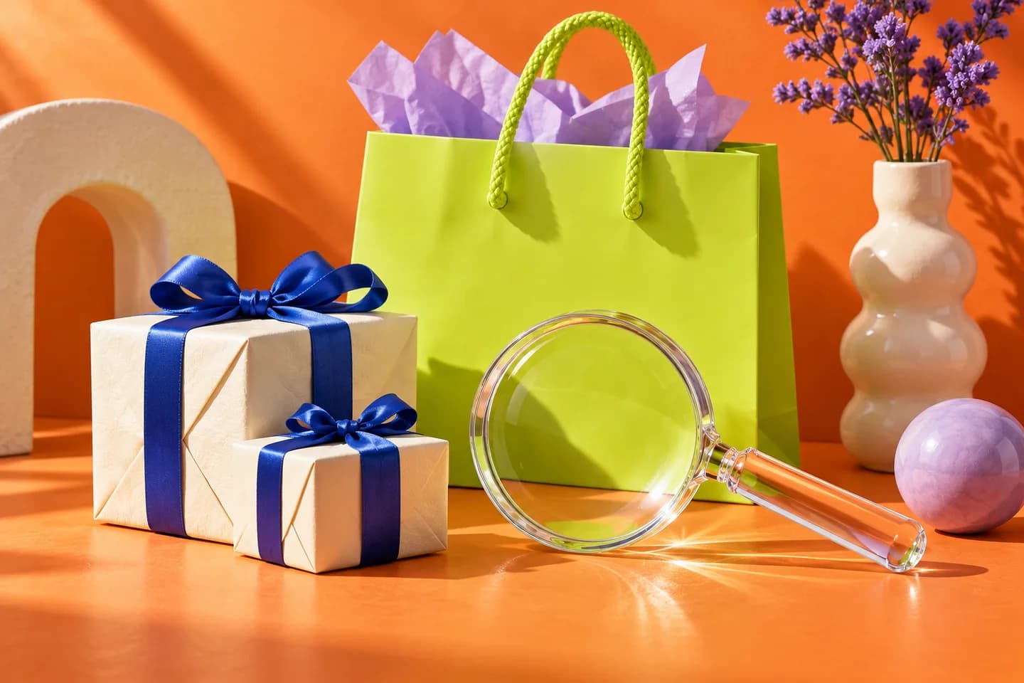 A lime shopping bag, cream gifts and a glass magnifying lens on an orange desk