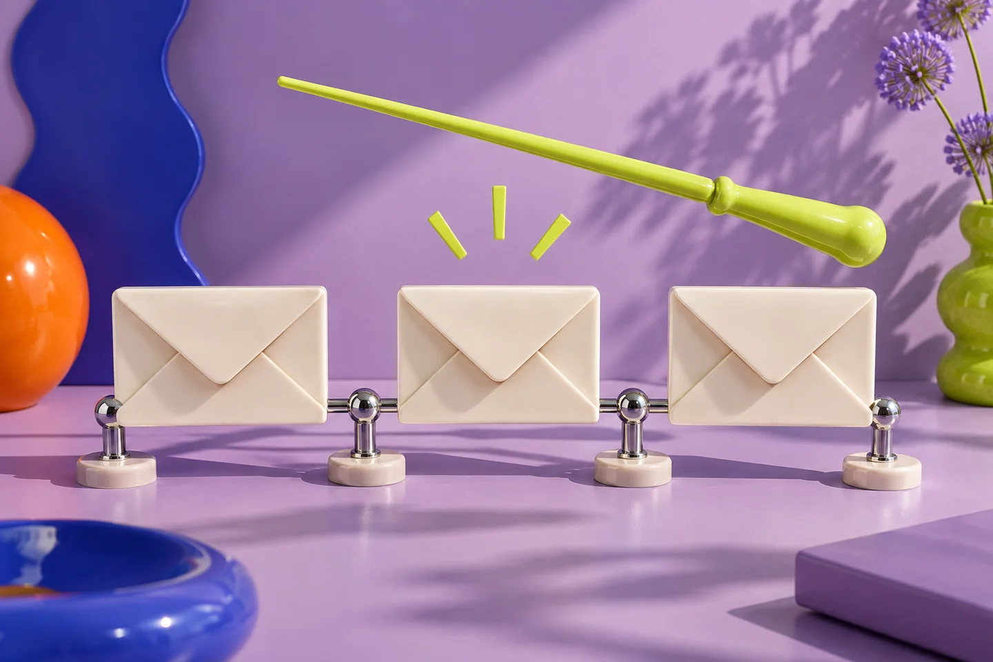 A lime conductor baton above cream envelope sculptures linked by chrome rails
