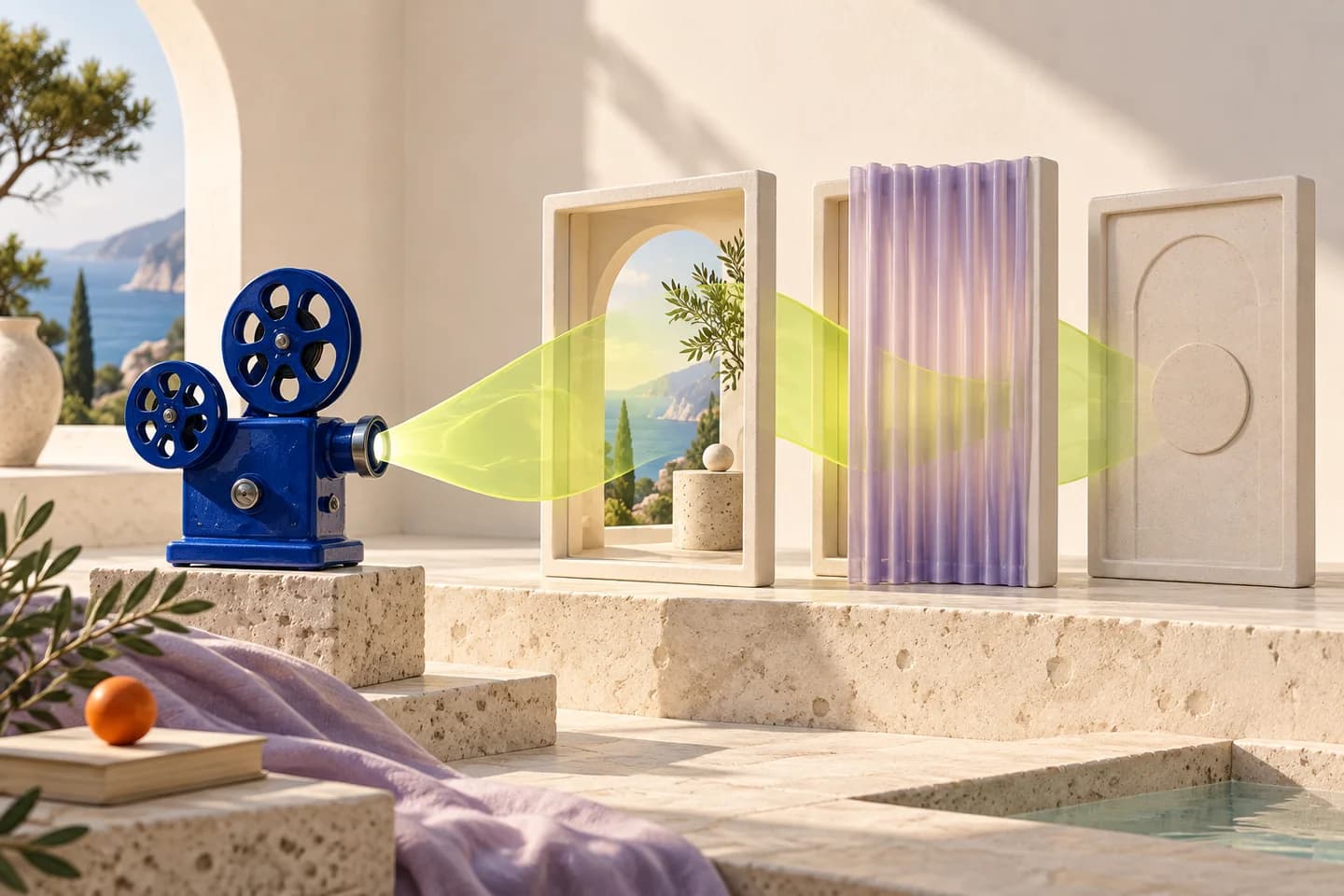 Conceptual scene: a cobalt projector sends a lime ribbon through three ceramic frames, open, curtained and closed