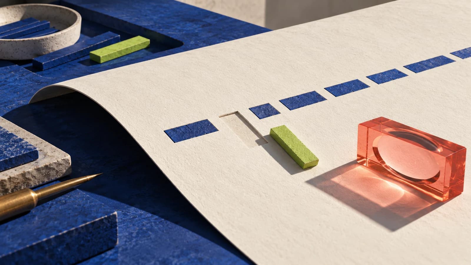 Conceptual ivory proof sheet with a lime inlay lifted from a row of cobalt marks beside a coral lens