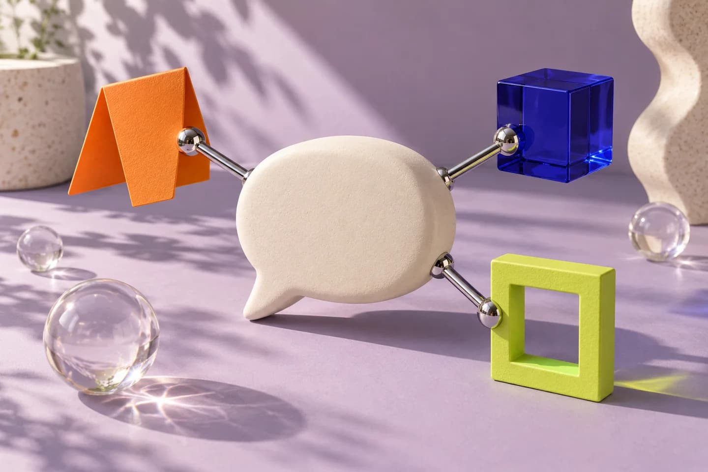 A cream speech bubble connected to orange, cobalt and lime objects, illustrating a business agent joining marketing tools