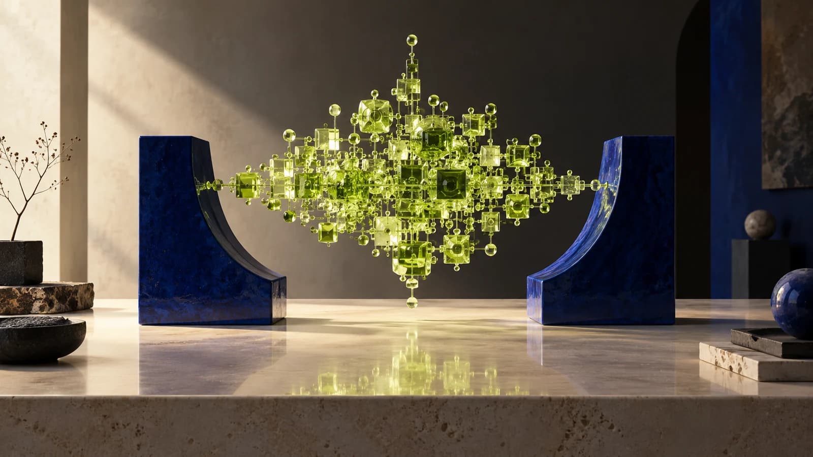 Conceptual artwork: an intricate lime glass structure suspended between two cobalt supports on an ivory workbench