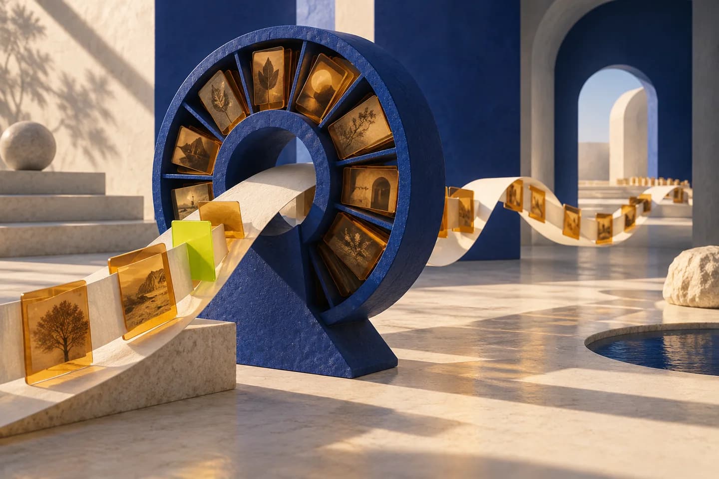 Conceptual artwork: an ivory ribbon carries amber memory slides through a cobalt archival wheel, with a lime bookmark marking its progress