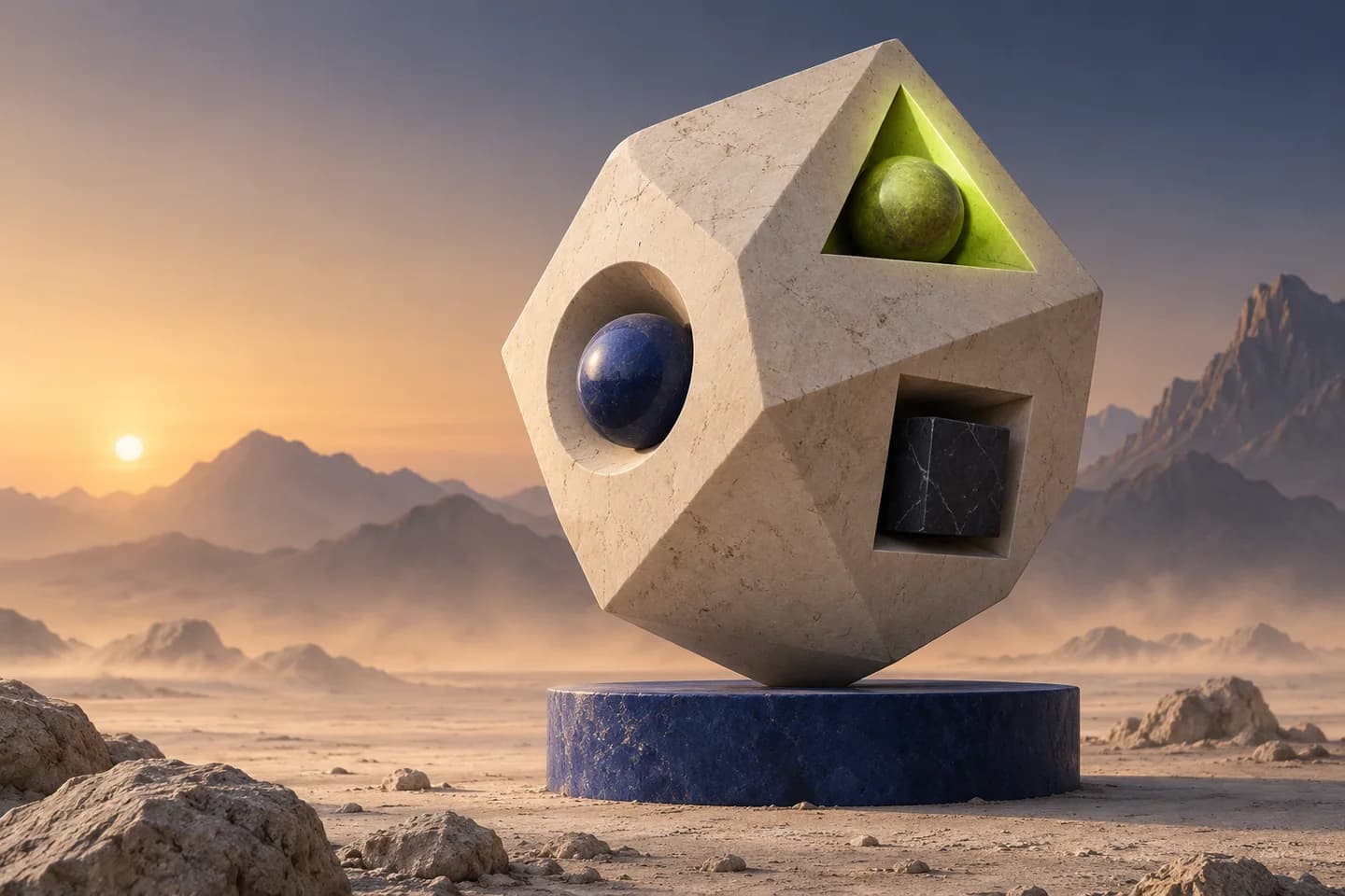 Conceptual illustration of an ivory polyhedron with three recessed shapes on a cobalt plinth in a mineral desert