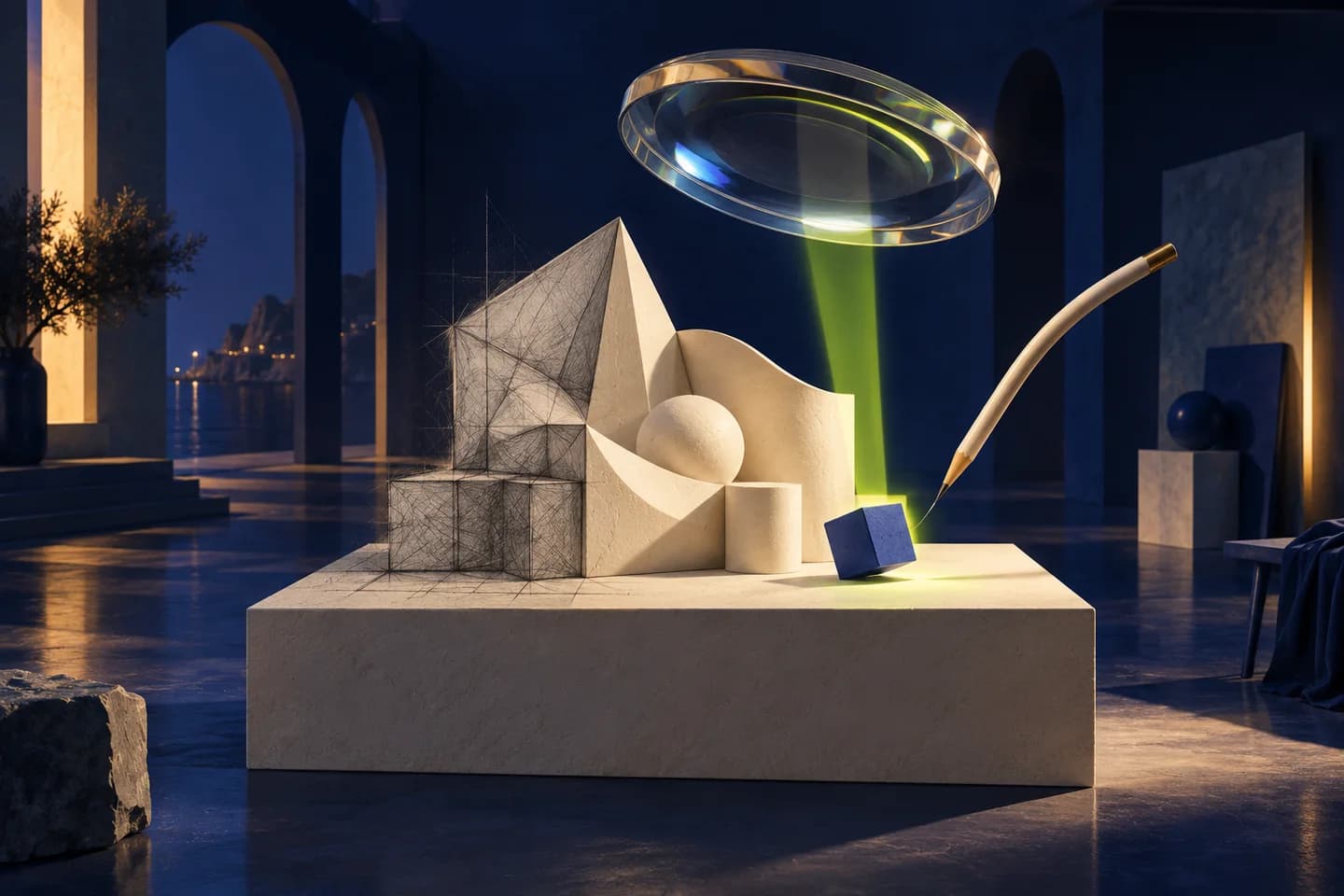 Conceptual illustration of a floating glass lens casting a lime beam over ivory forms that change from graphite sketches to sculpture in a cobalt studio