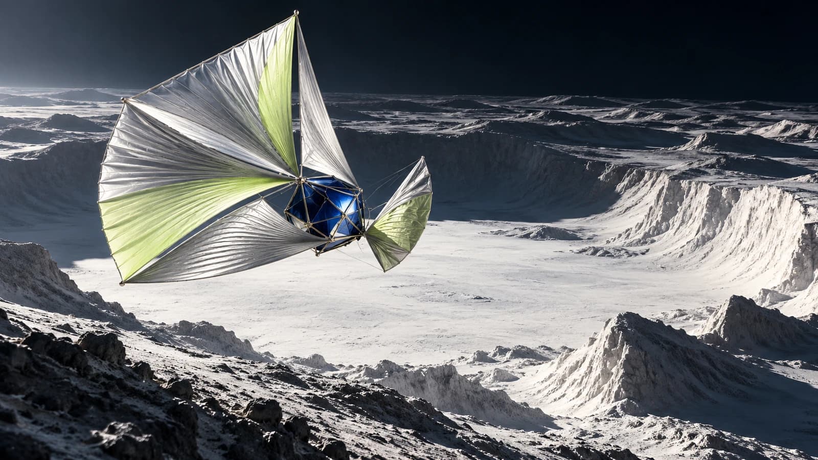 Conceptual cobalt sailcraft with pleated silver and lime sails hovering above a vast ivory lunar crater