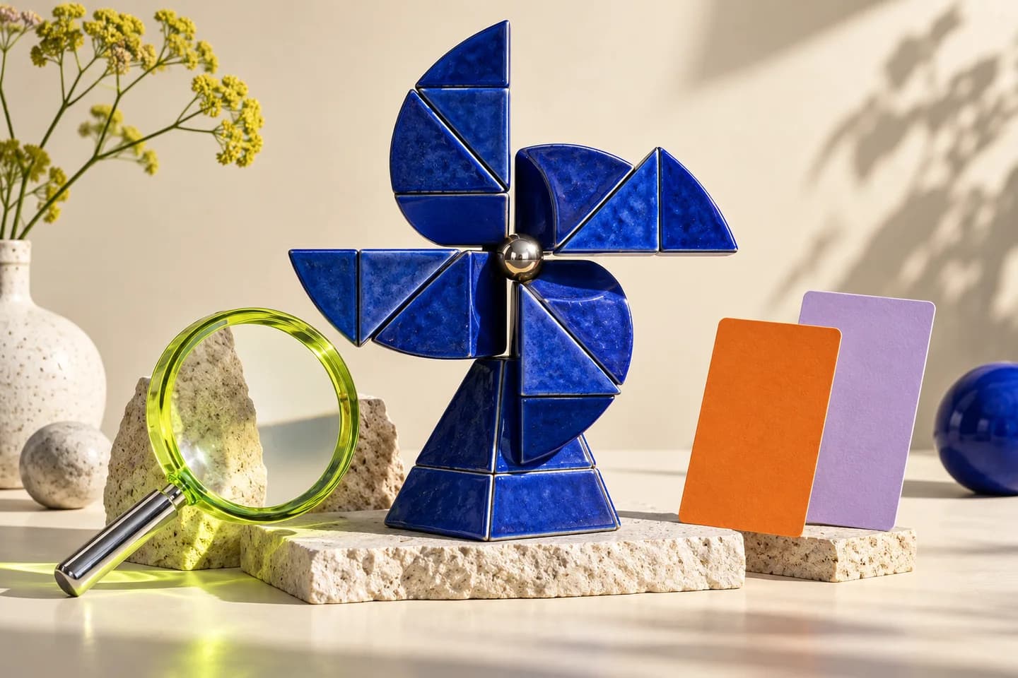 A cobalt modular wind sculpture beside a lime magnifying lens and orange and lavender test cards