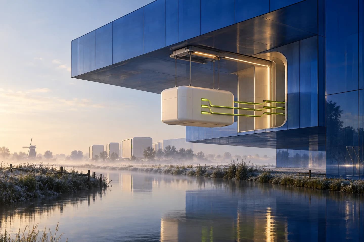 Conceptual illustration of an ivory workflow capsule suspended beneath a cobalt glass structure over an imagined Dutch canal landscape