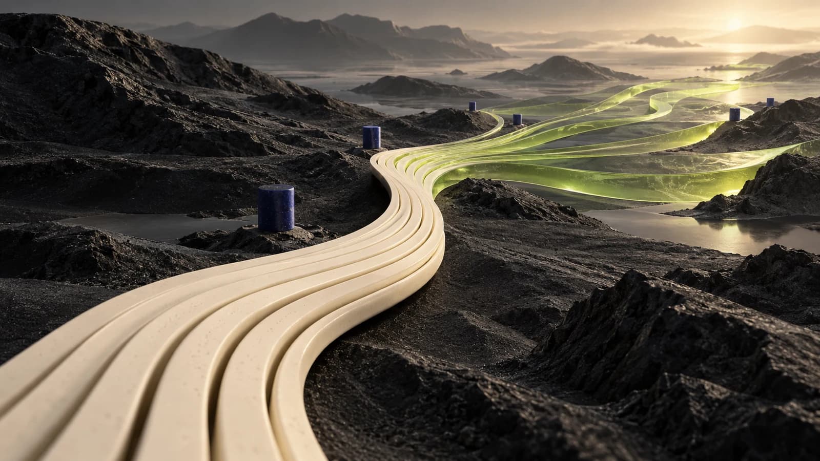 Conceptual artwork: ivory strips fan into translucent lime paths across a dark sculptural landscape