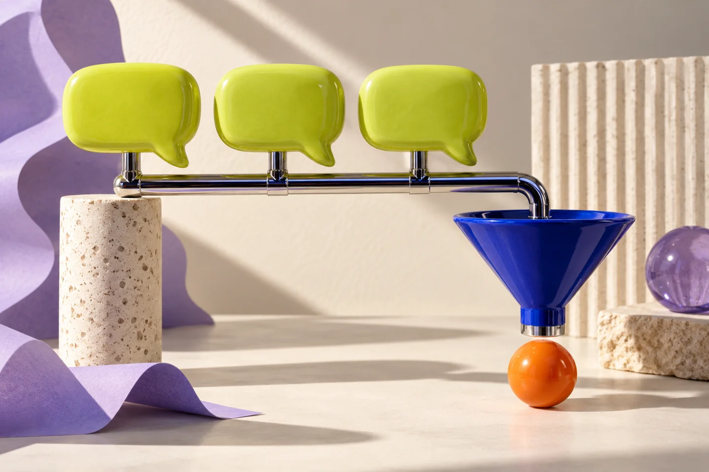 Lime speech bubbles linked by a chrome rail to a cobalt funnel and orange sphere
