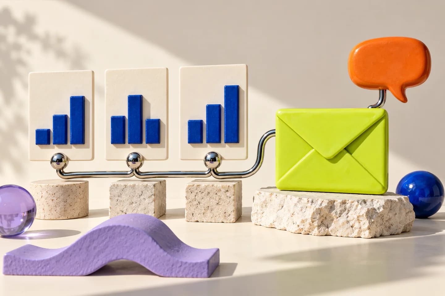 Cream report cards with cobalt bars connected to a lime envelope and an orange speech bubble