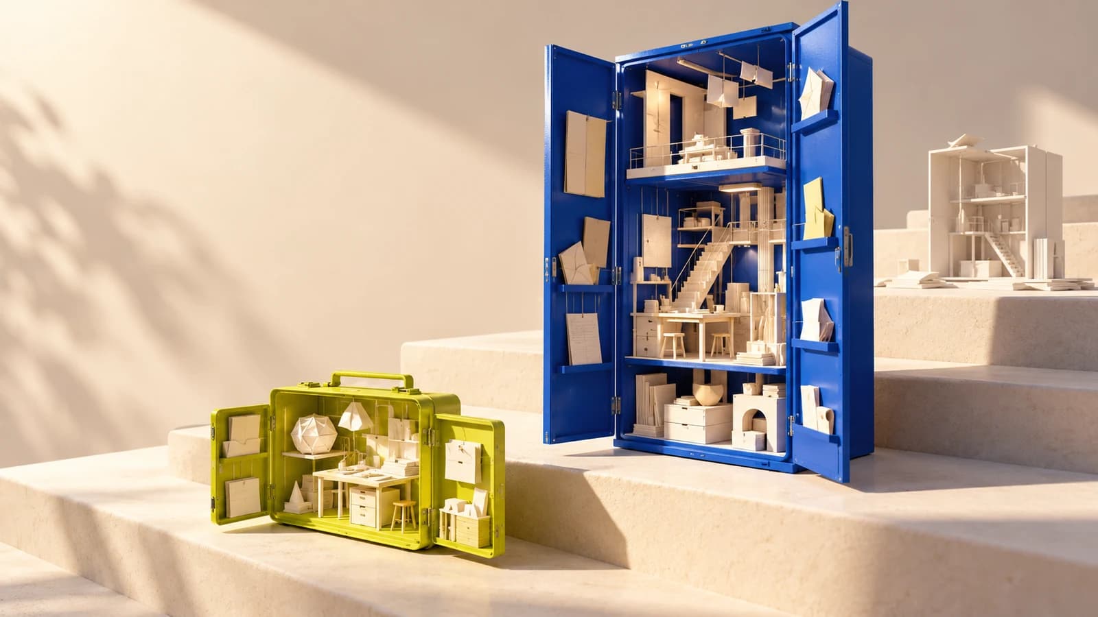 Conceptual illustration of a cobalt cabinet and a compact lime carrying case containing miniature paper workshops, with an unfinished white model behind them