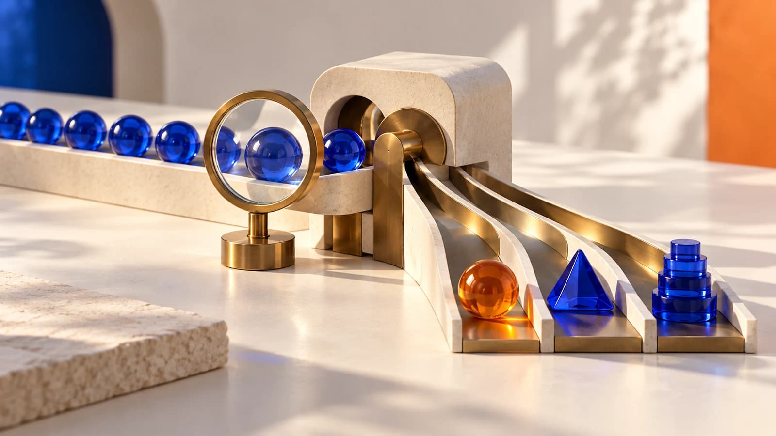 Conceptual sculpture of cobalt glass tokens entering an ivory decision gate and separating into three brass channels, beside an inspection lens