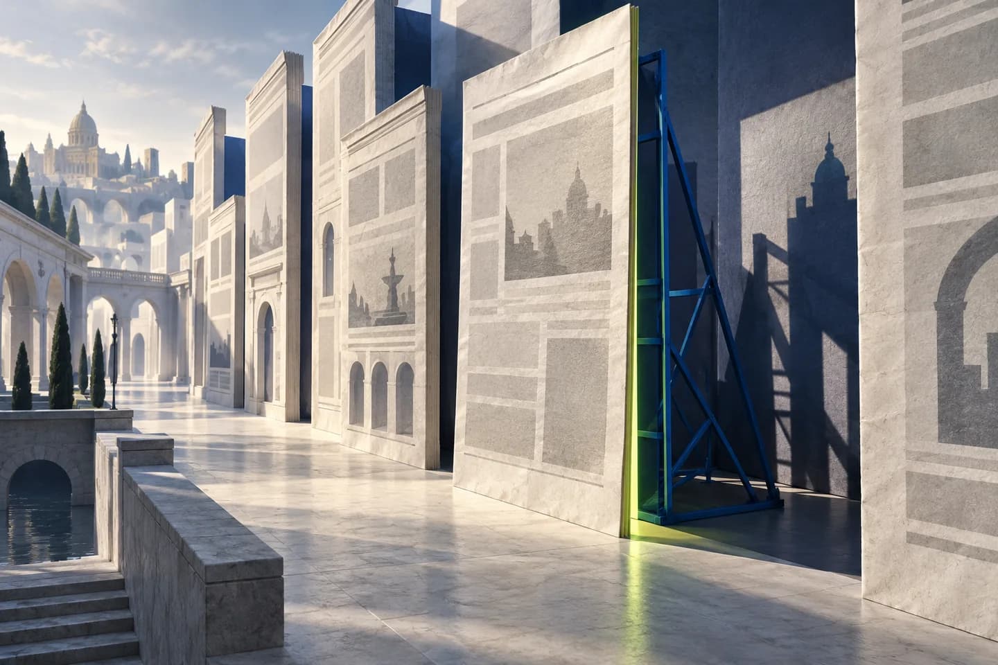 Conceptual illustration of newspaper-like paper facades, with a cobalt support frame revealed behind one front