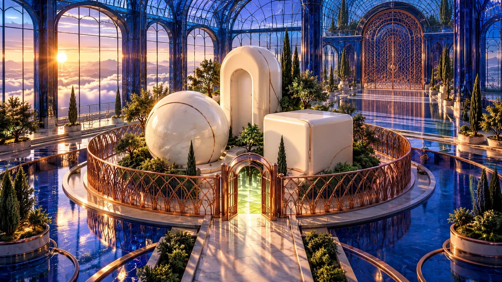 Conceptual artwork: three ivory forms inside a cobalt glass conservatory, with a small open copper gate and a larger closed gate beyond