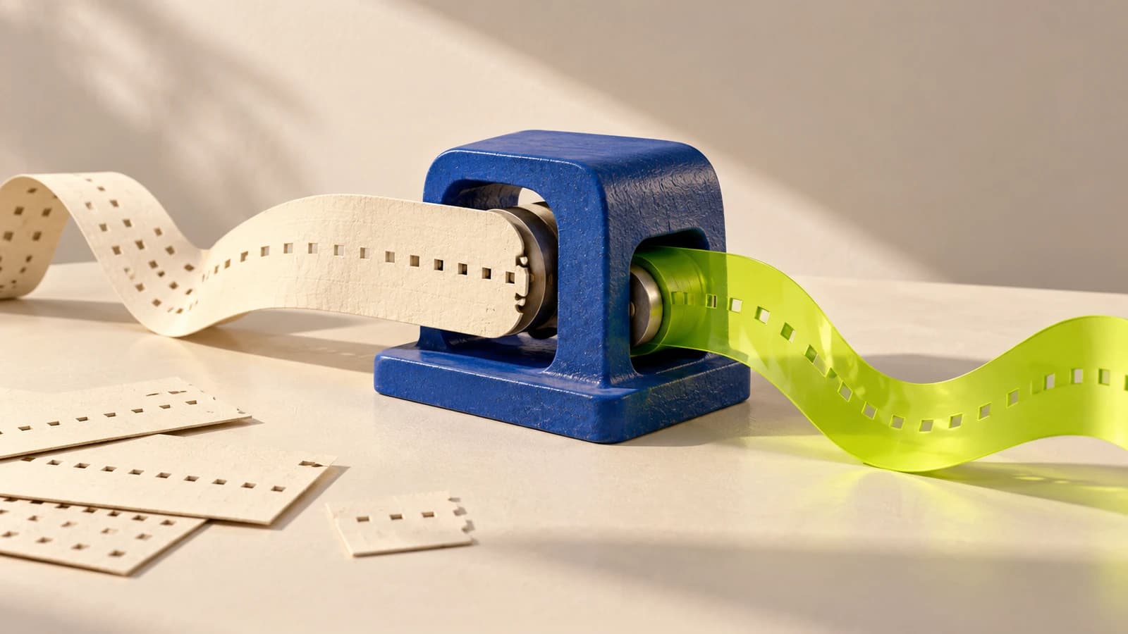 Conceptual illustration of cream punched paper passing through a cobalt machine and emerging as a translucent lime ribbon with a similar perforated pattern