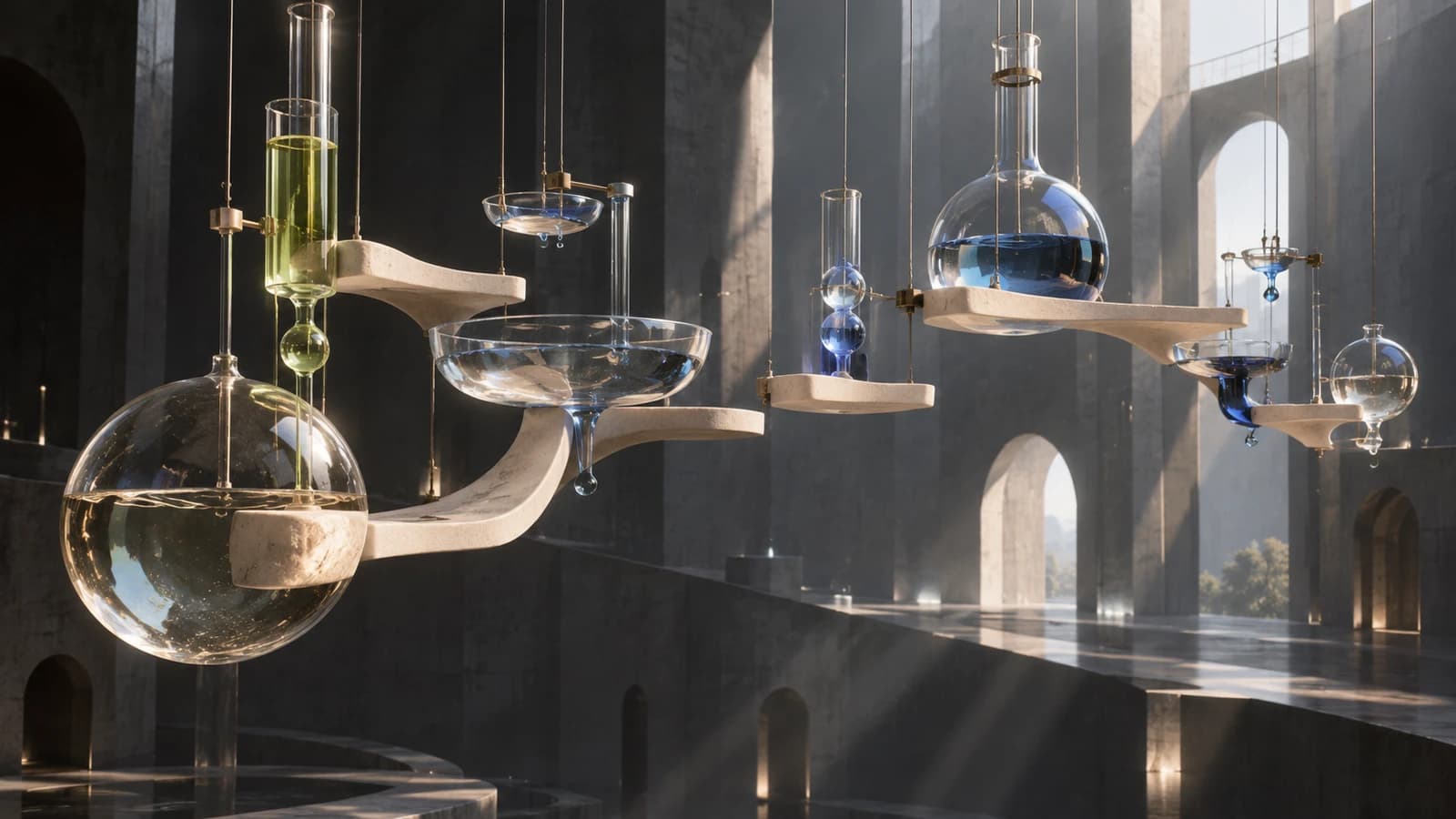 Conceptual artwork: suspended glass vessels and ceramic bridges with gaps between them in a vast sunlit atrium
