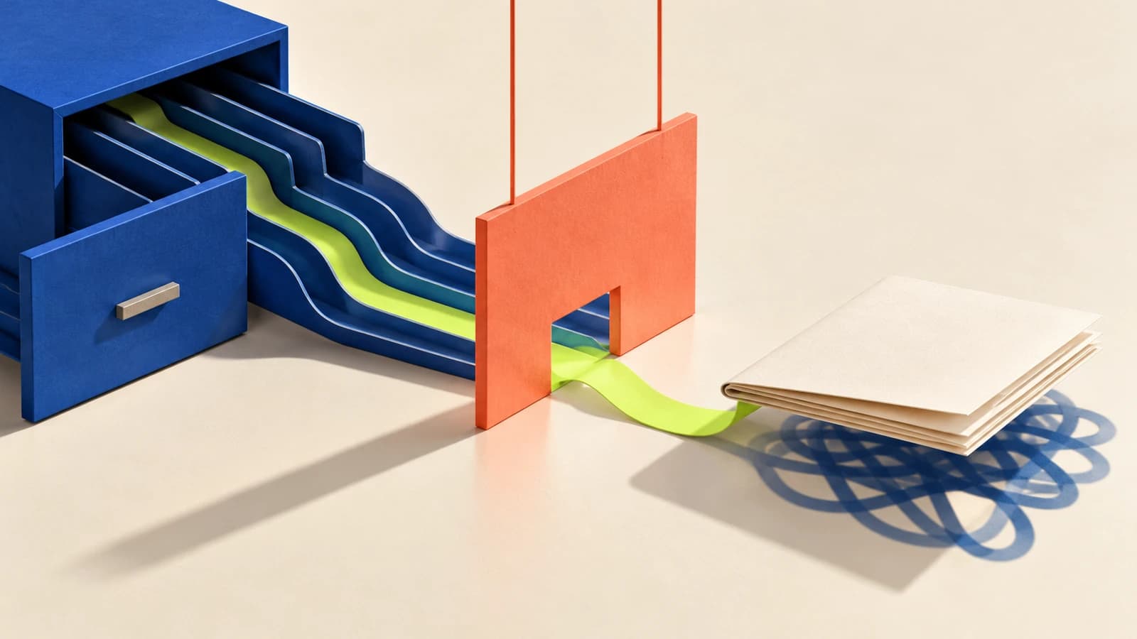 Conceptual cobalt filing drawer with lime paths passing beneath a coral gate toward an ivory report