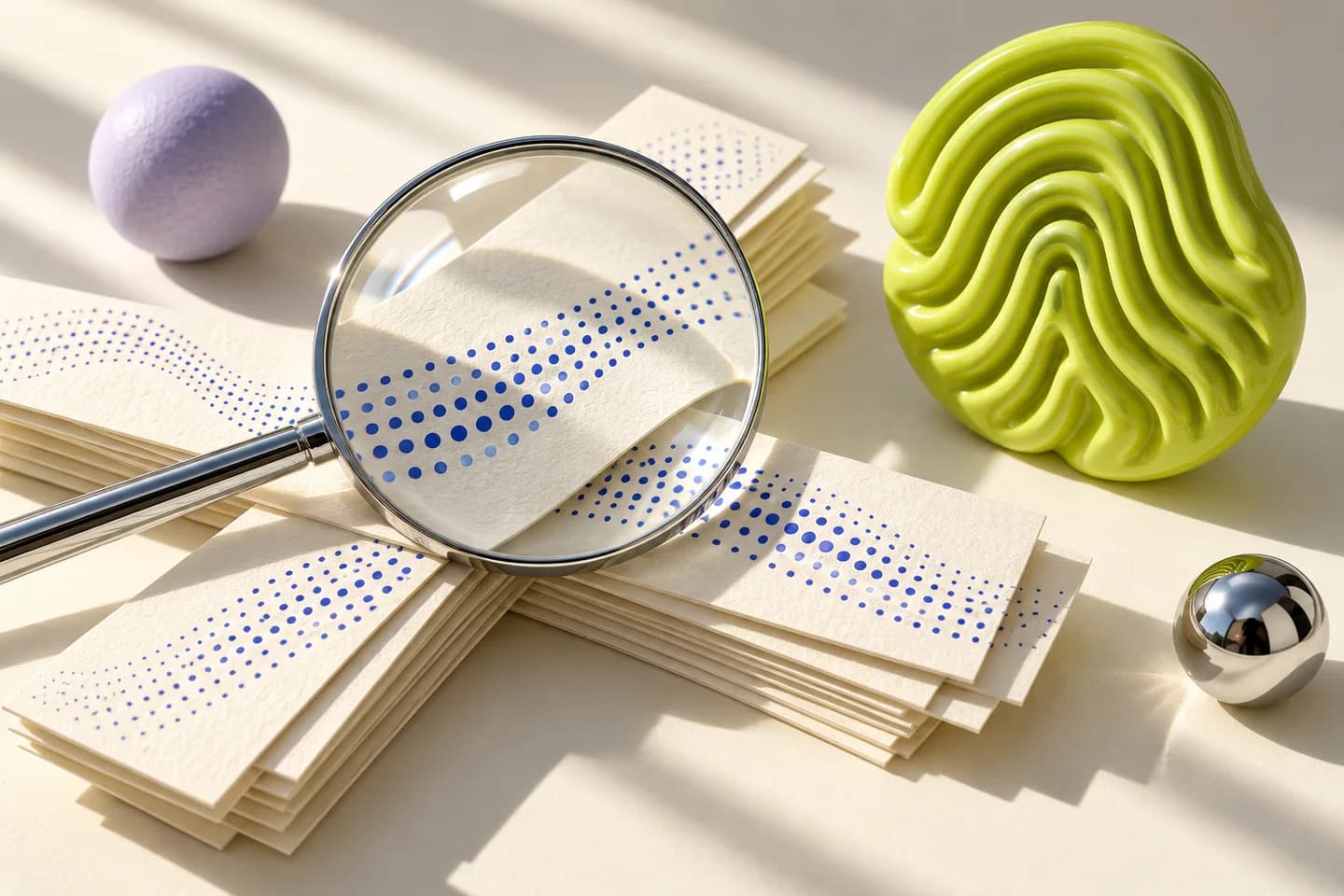 Blank paper strips with cobalt dot patterns beneath a magnifying lens beside a lime ripple