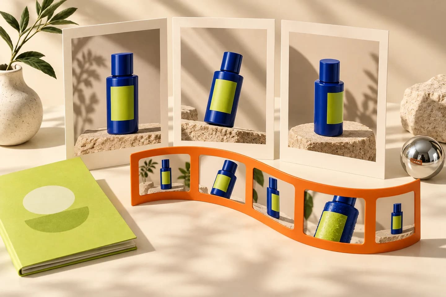 Three cream storyboard panels showing a cobalt product bottle, with an orange filmstrip and a lime brand-guide booklet
