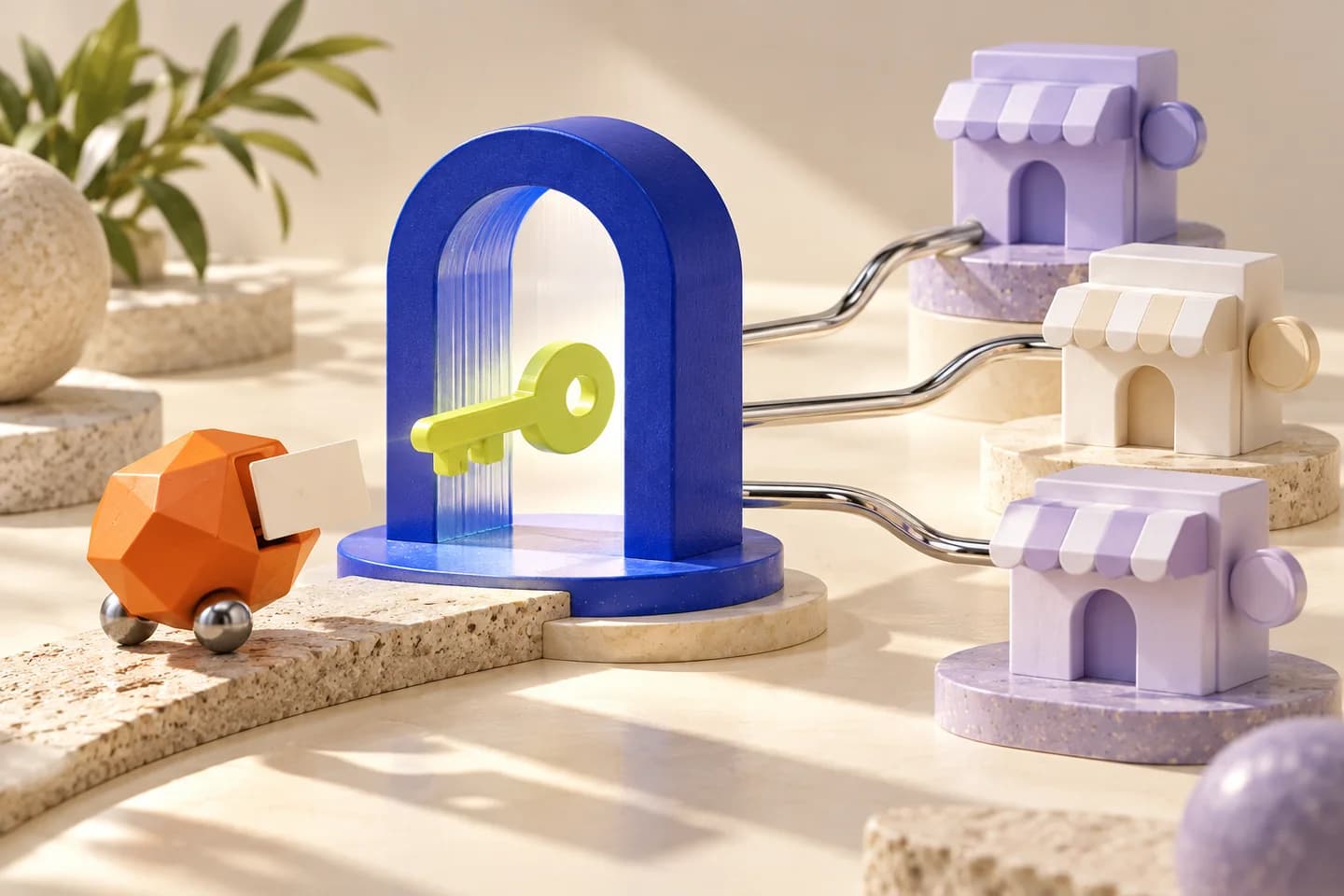 Conceptual illustration of an orange messenger approaching a cobalt gateway with a lime permission key and connected storefronts
