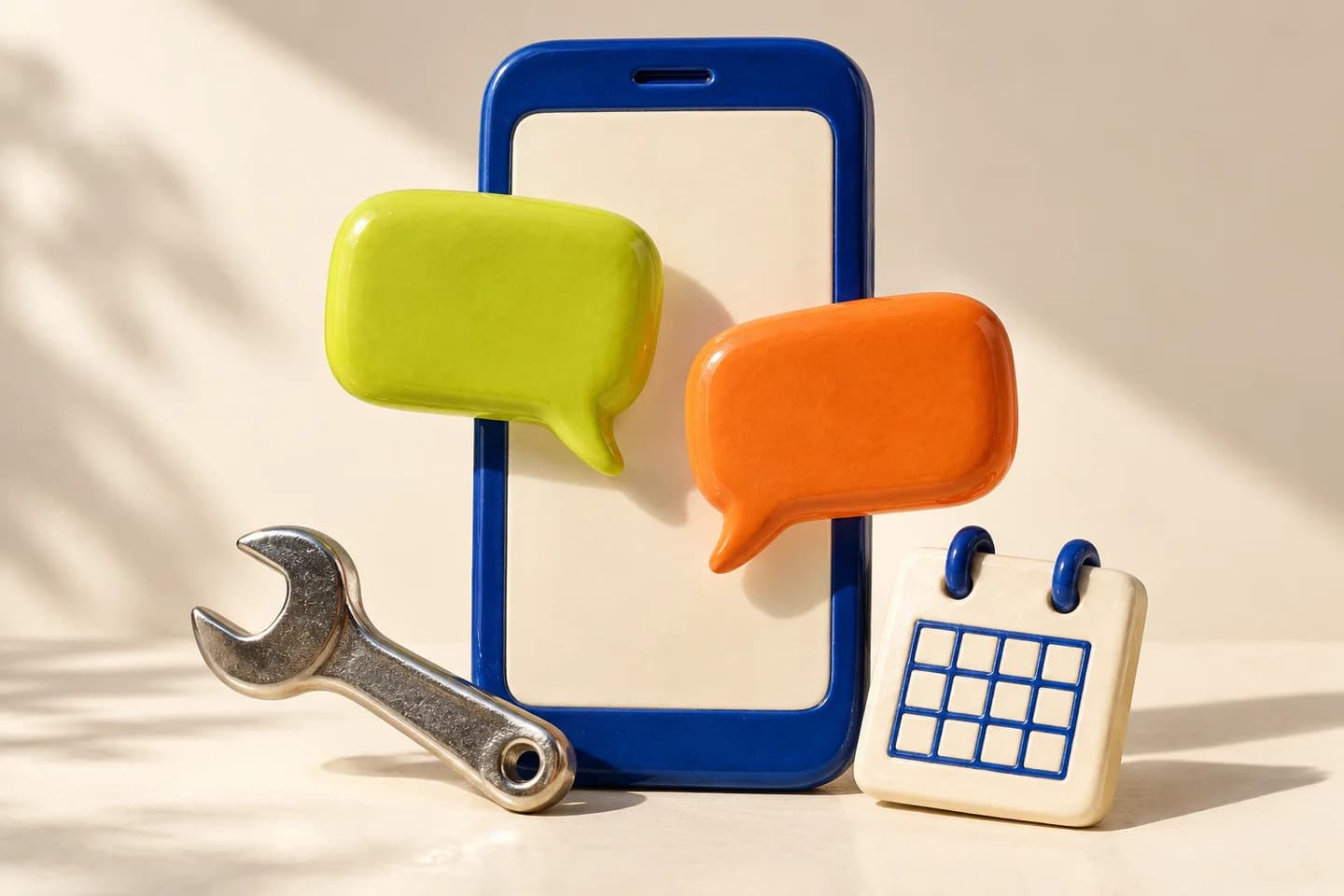 Lime and orange speech bubbles in front of a cobalt phone, beside a chrome wrench and a small calendar