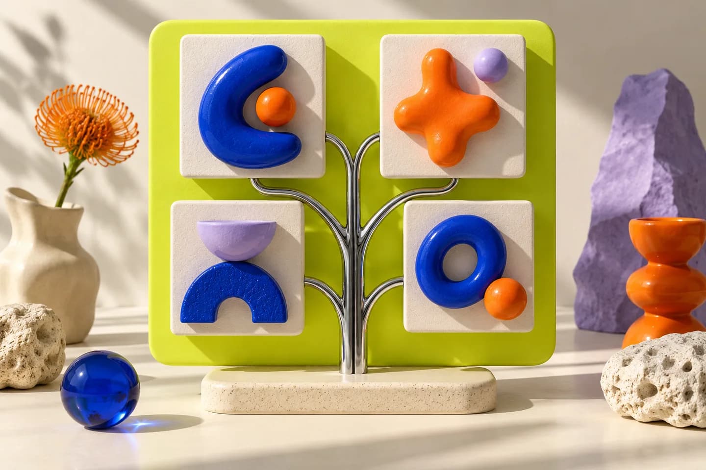 Four cream creative canvases with abstract cobalt and orange shapes on a lime board