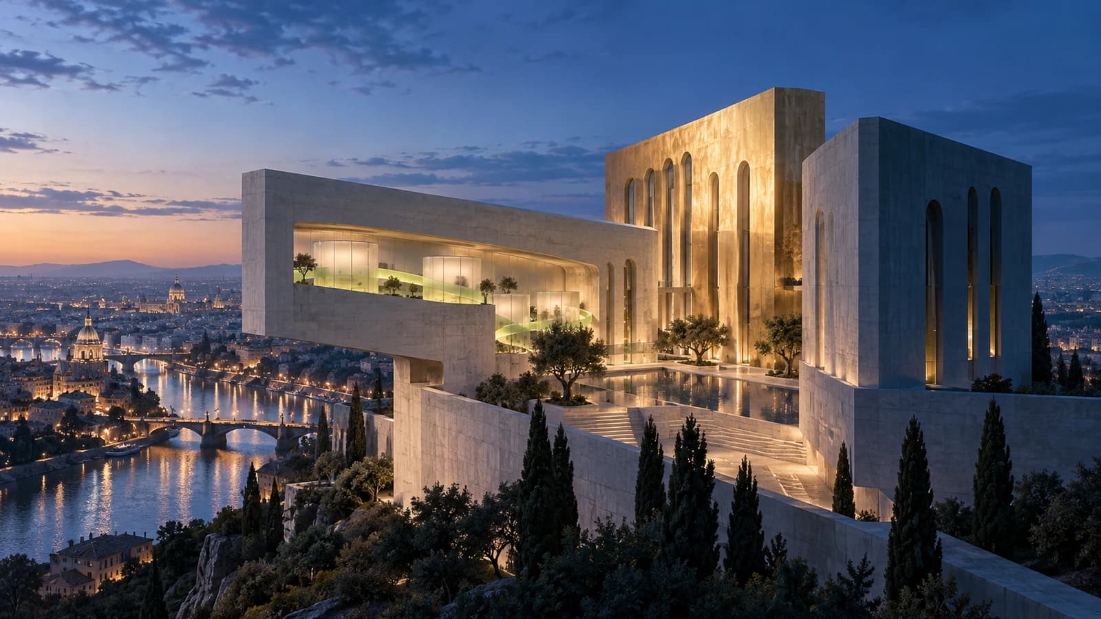 Conceptual illustration of a three-wing ivory pavilion with lime-lit glass chambers and a darker wing above a European city and river
