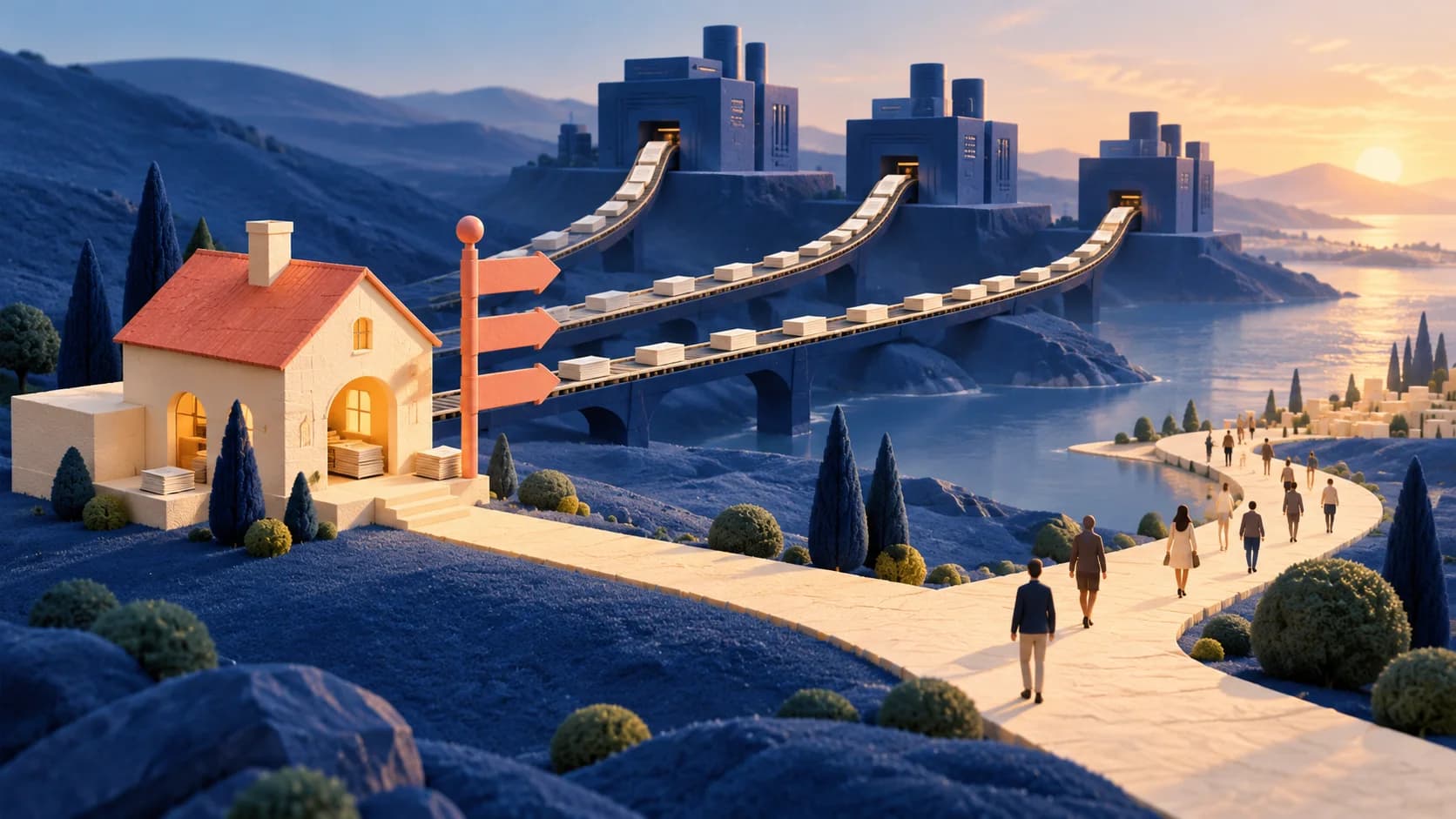 Conceptual illustration of a publishing house, one coral signpost and three paper routes toward machines, beside an open path for readers