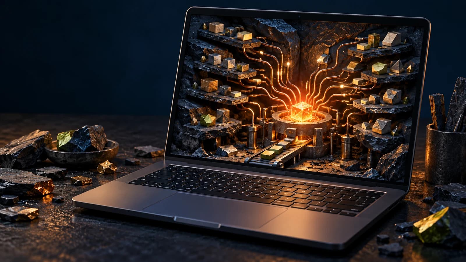 Conceptual artwork: a miniature mineral foundry glows inside an unbranded laptop, with copper tracks connecting slate shelves to an amber ember