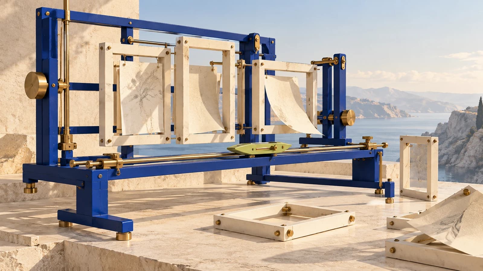Conceptual cobalt drafting apparatus with removable ivory frames, brass joints and a lime shuttle on a sunlit stone terrace
