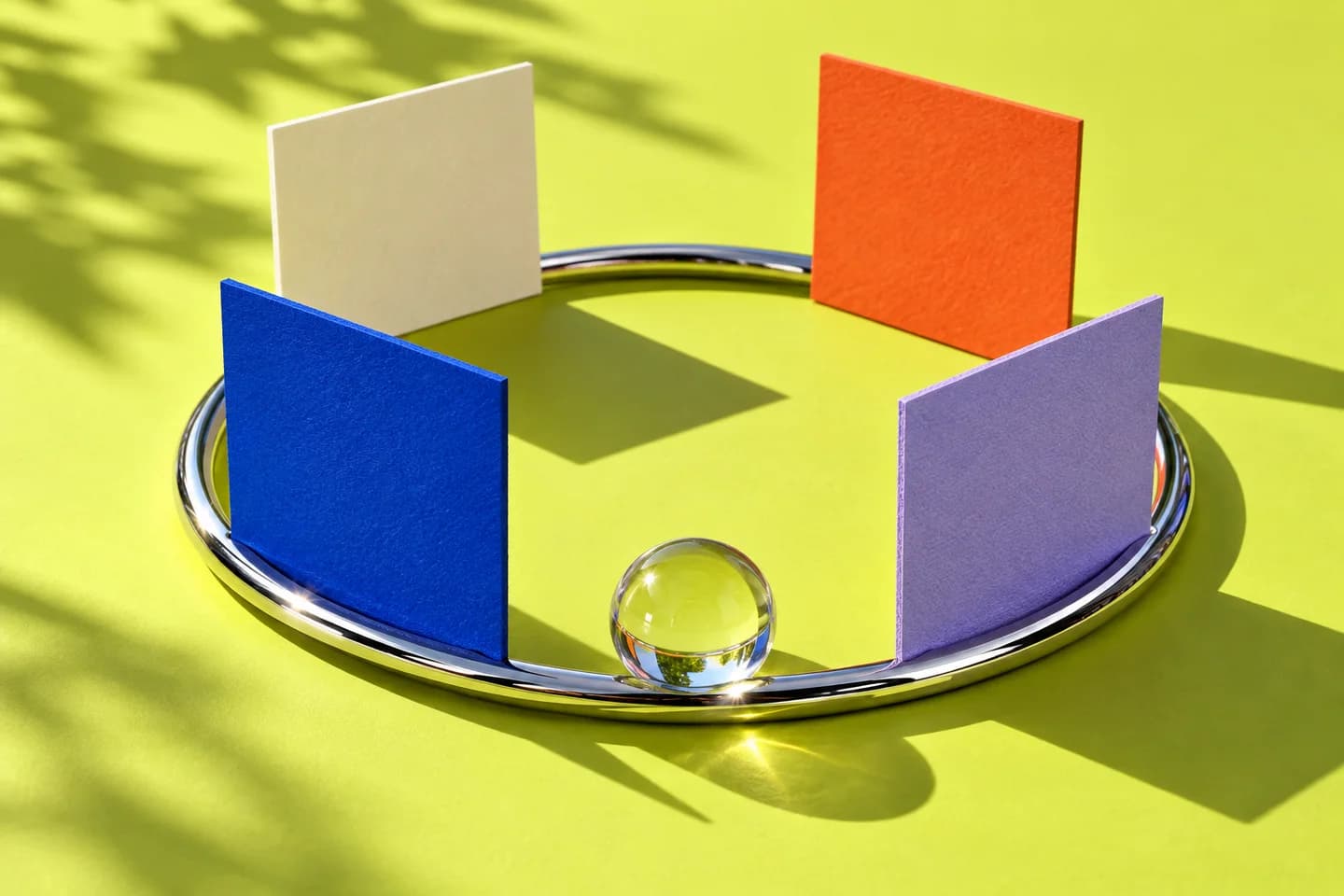 Four coloured cards around a chrome circular rail with a glass sphere, illustrating a repeated advertising creative workflow
