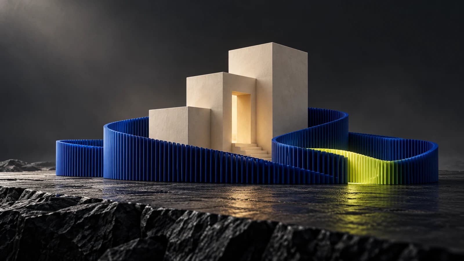 Conceptual artwork of an ivory architectural scene encircled by a cobalt sound ribbon with a lime section.