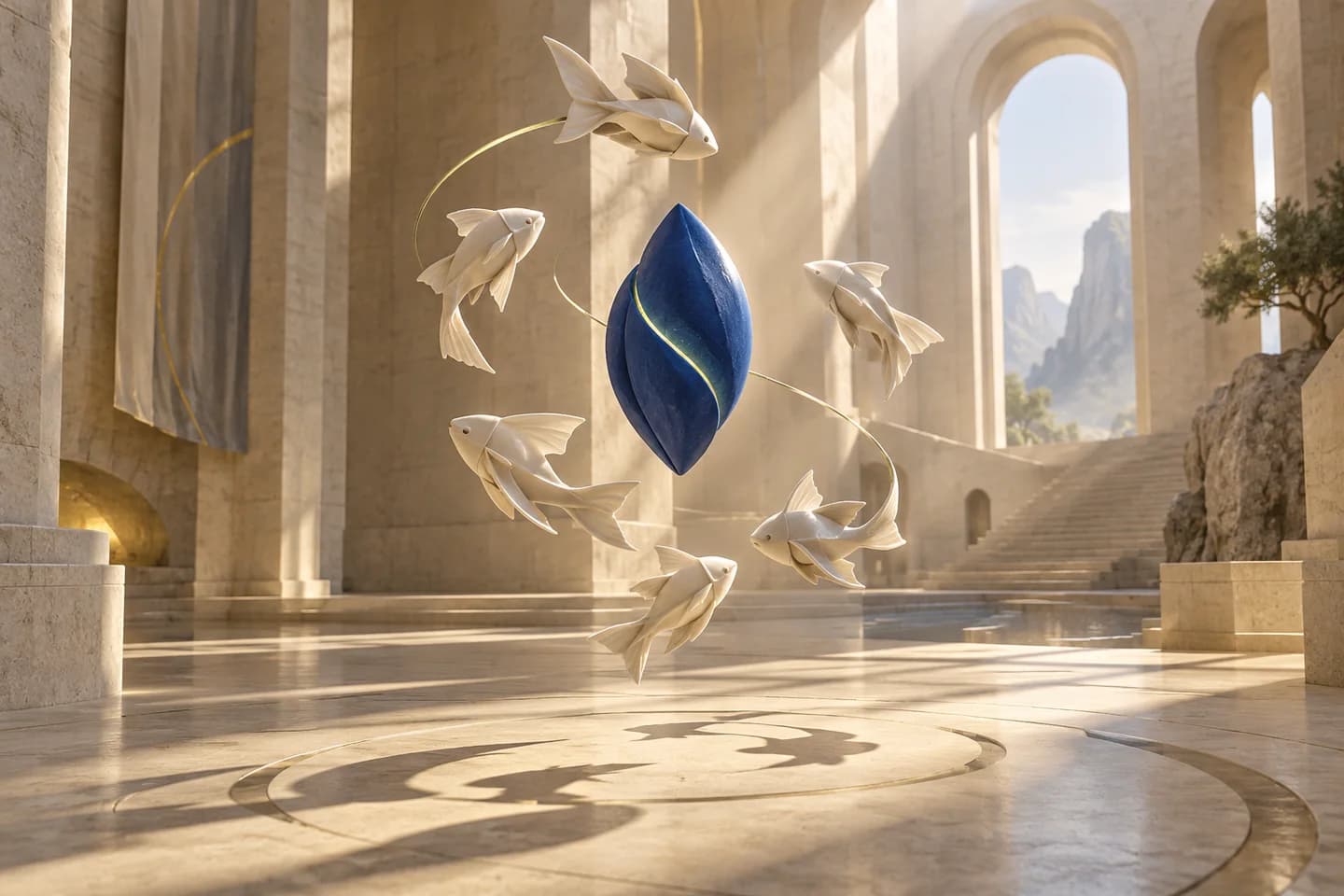 Original conceptual illustration of folded ceramic fish circling a cobalt seed in a sunlit limestone atrium