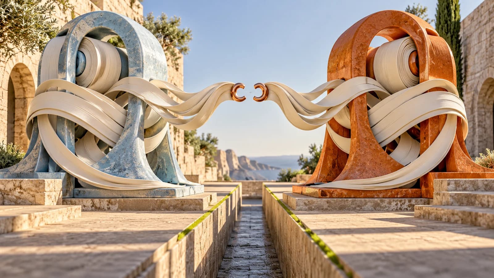 Conceptual artwork: pale blue and orange ceramic looms send ivory ribbons towards a copper clasp that remains open
