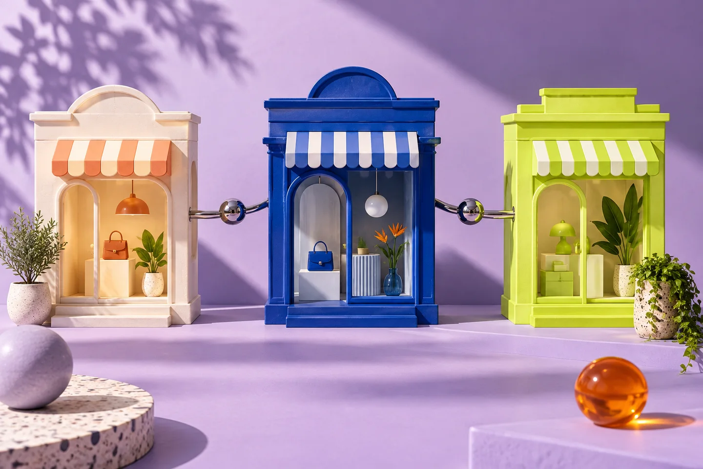 Three miniature cream, cobalt and lime storefronts connected by a chrome rail