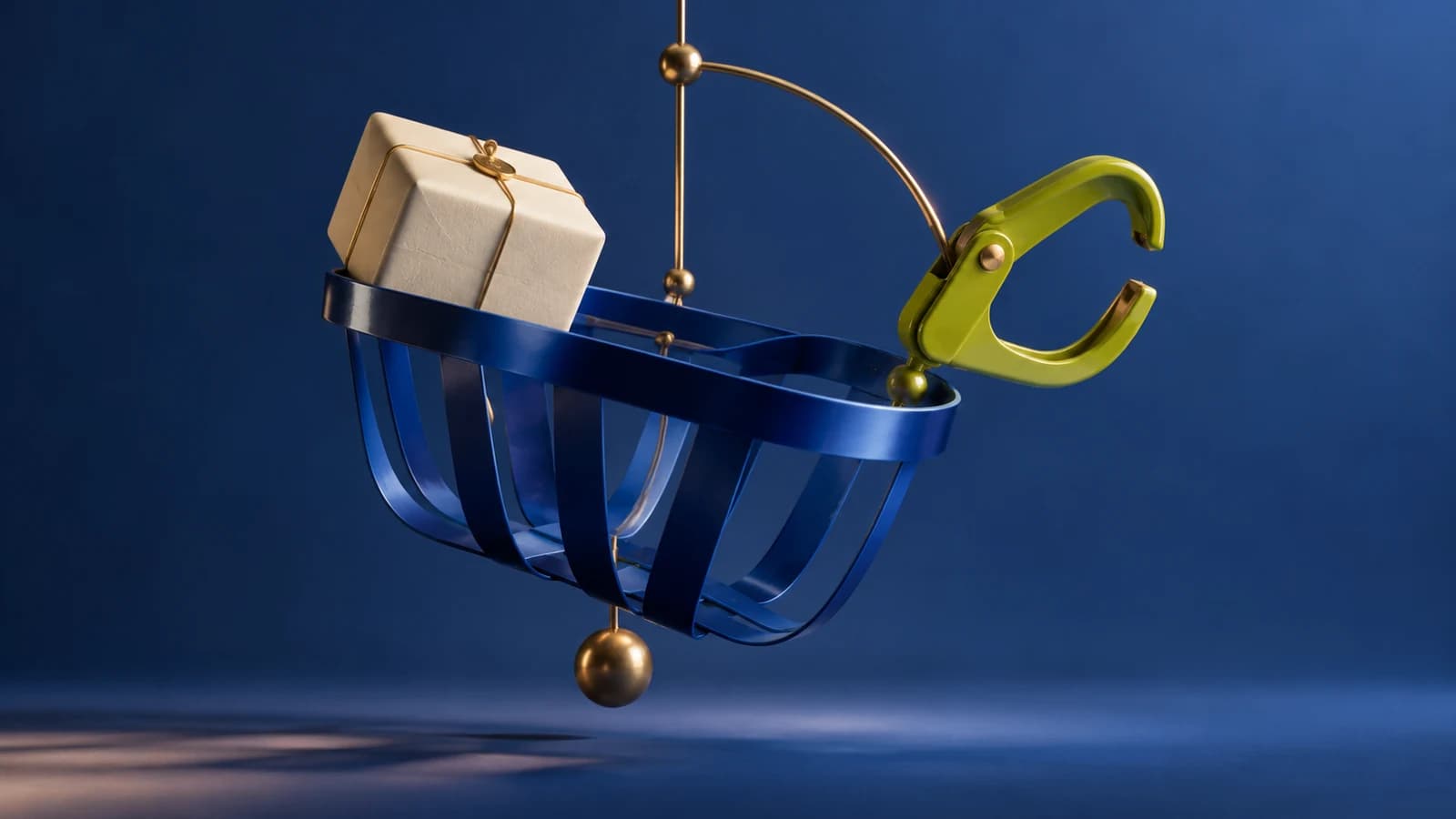 Conceptual sculpture of a suspended cobalt shopping basket balancing an ivory parcel and an open lime clasp