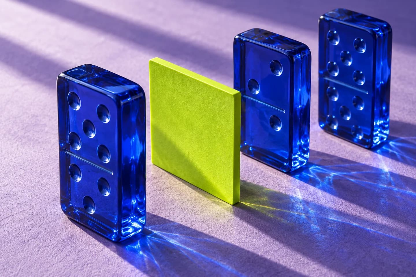 Cobalt glass blocks and a lime card, illustrating decisions in an advertising workflow
