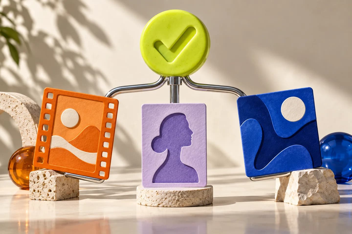 Orange, lavender and cobalt creative cards converging beneath a lime approval checkmark