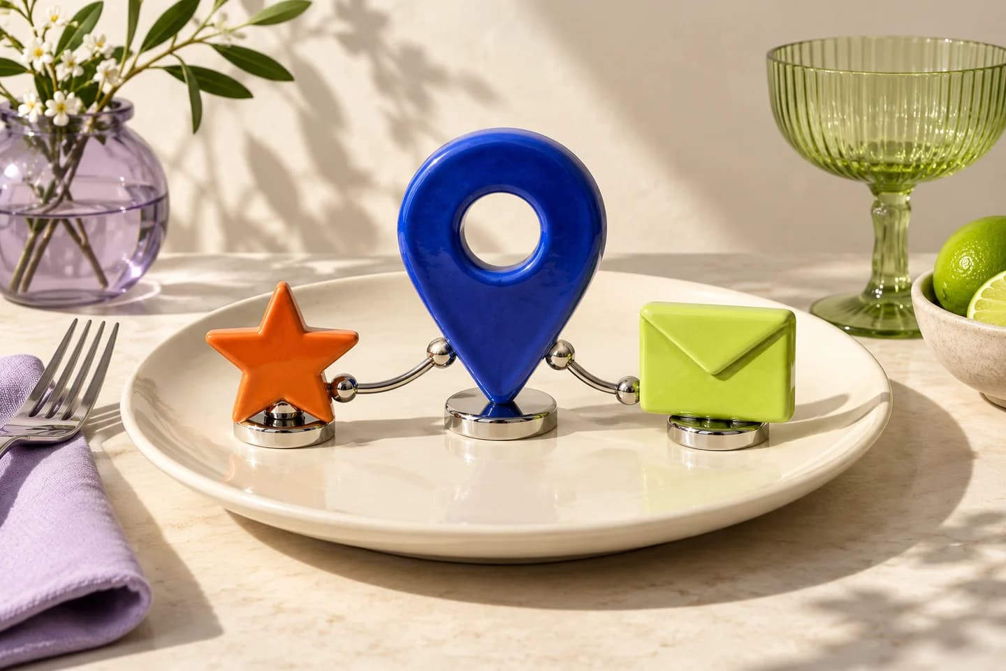 A cream restaurant plate holding a cobalt location pin beside an orange review star and lime envelope